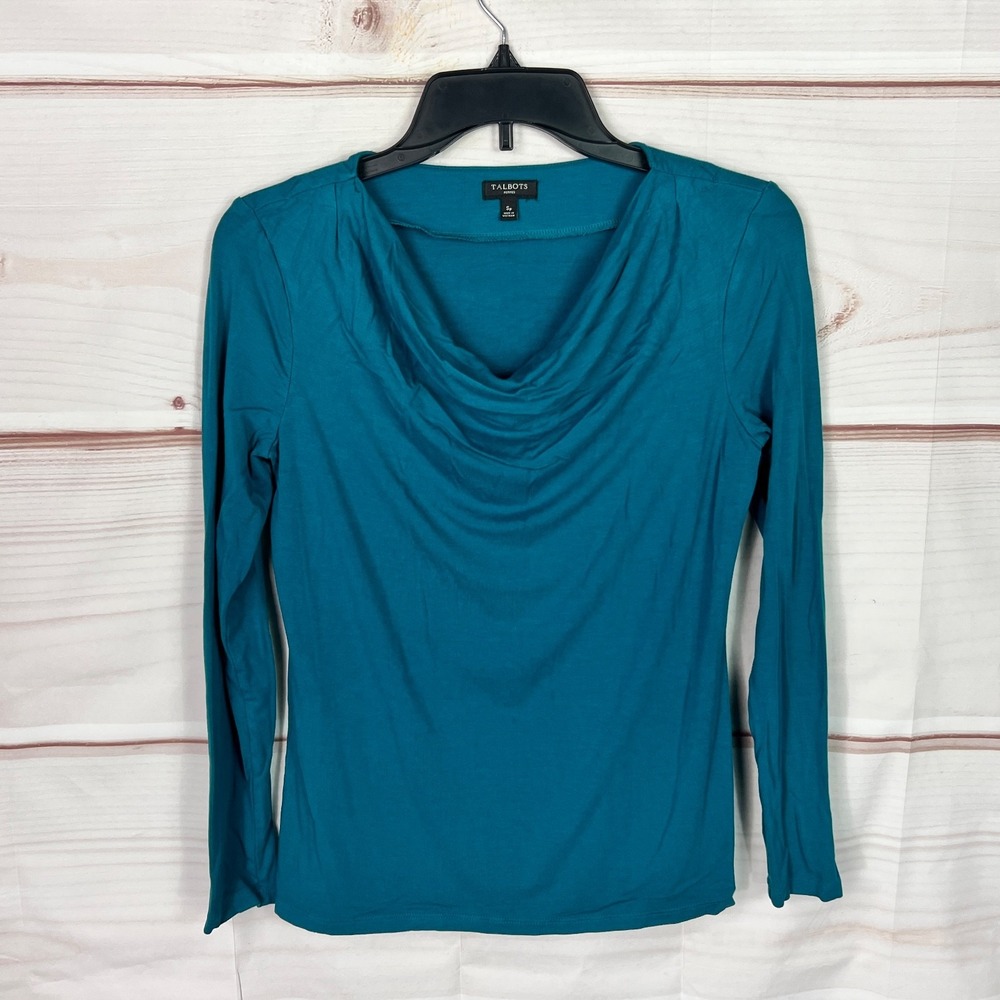 Talbots Top Womens PS Green Cowl Neck Blouse Long Sleeve Jersey Knit Pullover